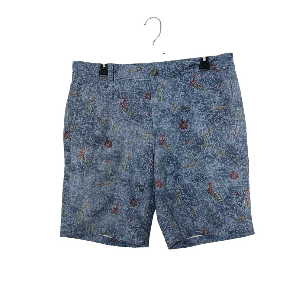 Johnnie-O Mens Hawaiian Print Shorts Blue Surfer Hula Floral Size 34 Casual Golf